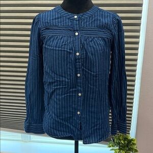LOFT Navy Blue Pinstripe Casual Button-Down Shirt